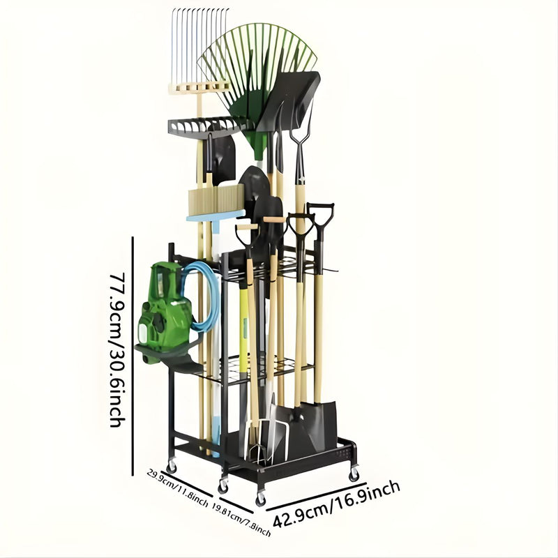 Organizador de Herramientas de Jardín con Ruedas 79×43×30 cm, Estantería Metálica Porta Herramientas para Garaje y Patio. Rack