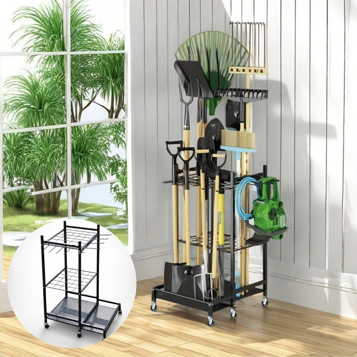 Organizador de Herramientas de Jardín con Ruedas 79×43×30 cm, Estantería Metálica Porta Herramientas para Garaje y Patio. Rack