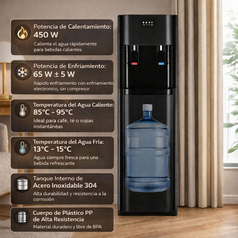 Dispensador de Agua de Carga bidón Inferior Frío y Caliente, Enfriamiento Electrónico (sin Compresor) descenso máximo de temperatura 13–15 °C Agua fresca (No Fría), Calentamiento Rápido. Color Gris.