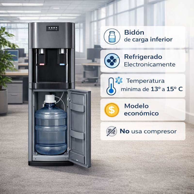 Dispensador de Agua de Carga bidón Inferior Frío y Caliente, Enfriamiento Electrónico (sin Compresor) descenso máximo de temperatura 13–15 °C Agua fresca (No Fría), Calentamiento Rápido. Color Gris.