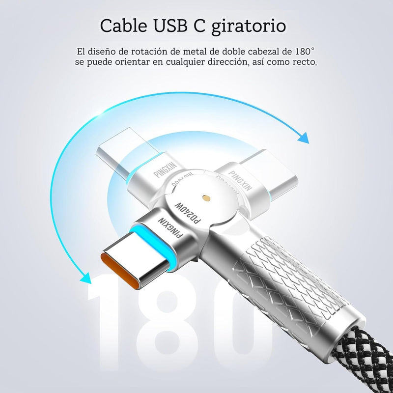 Cable USB-C a USB-C Giratorio 180° PD 240W E-Mark. Trenzado Reforzado. Carga Rápida (3 Metros). Color negro.