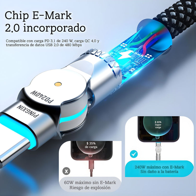 Cable USB-C a USB-C Giratorio 180° PD 240W E-Mark. Trenzado Reforzado. Carga Rápida (3 Metros). Color negro.