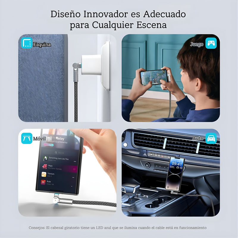 Cable USB-C a USB-C Giratorio 180° PD 240W E-Mark. Trenzado Reforzado. Carga Rápida (3 Metros). Color negro.
