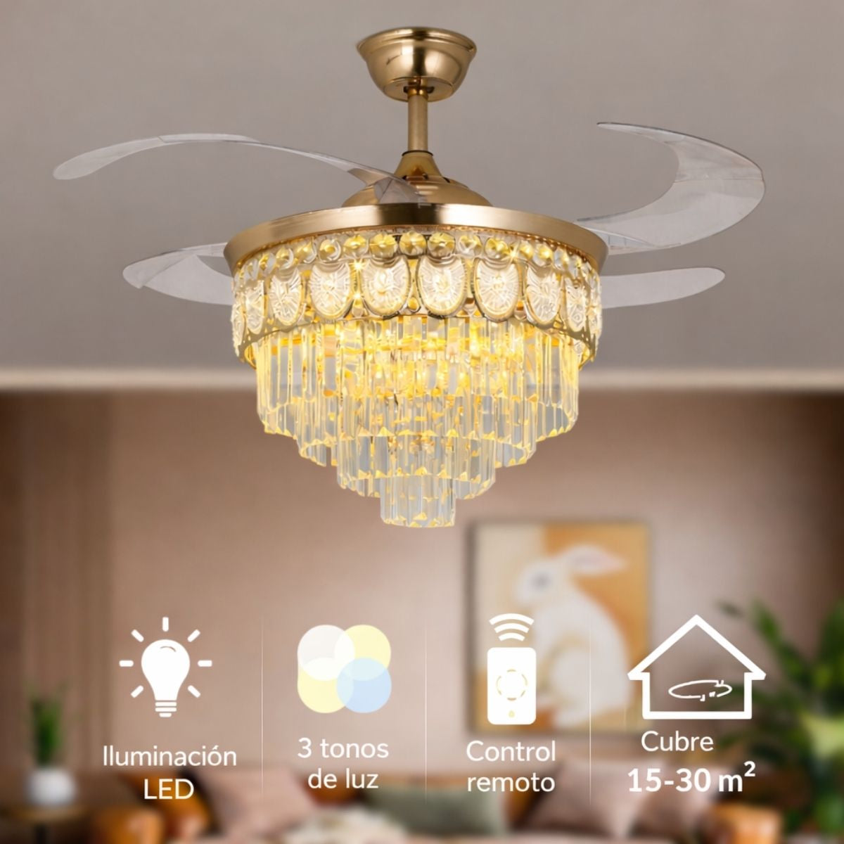 Abanico De Techo Elegante Estilo Europeo con Lámpara de Cristal 48" LED 3 Tonos con Control Remoto. Ventilador Tipo Candelabro