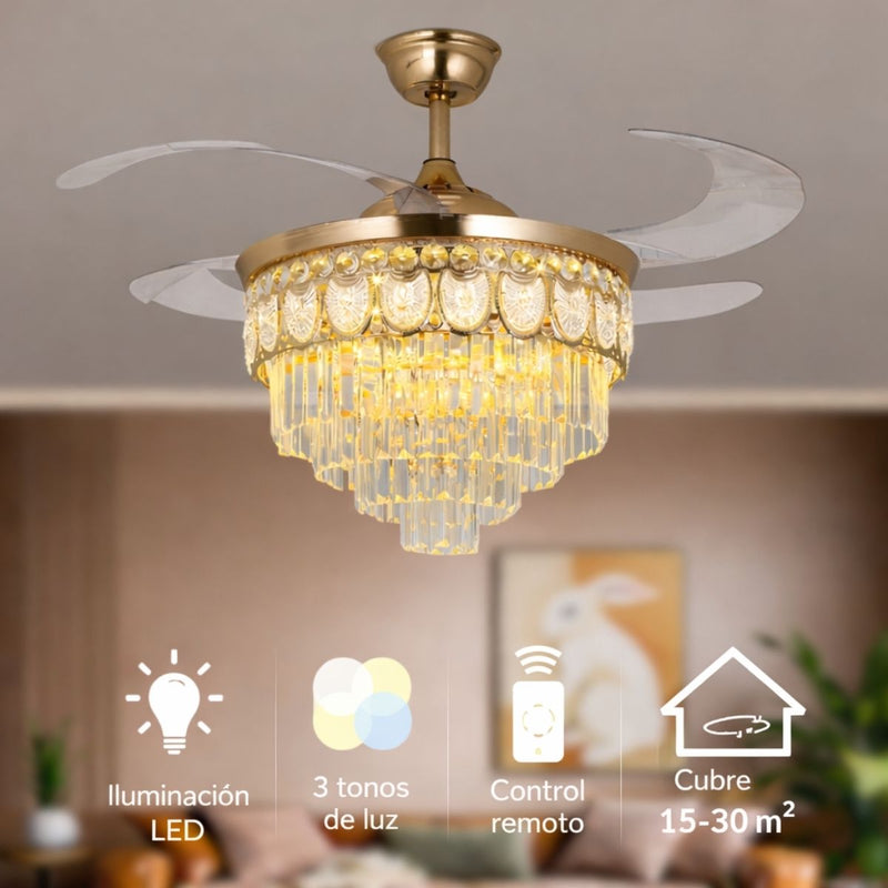Abanico De Techo Elegante Estilo Europeo con Lámpara de Cristal 48" LED 3 Tonos con Control Remoto. Ventilador Tipo Candelabro