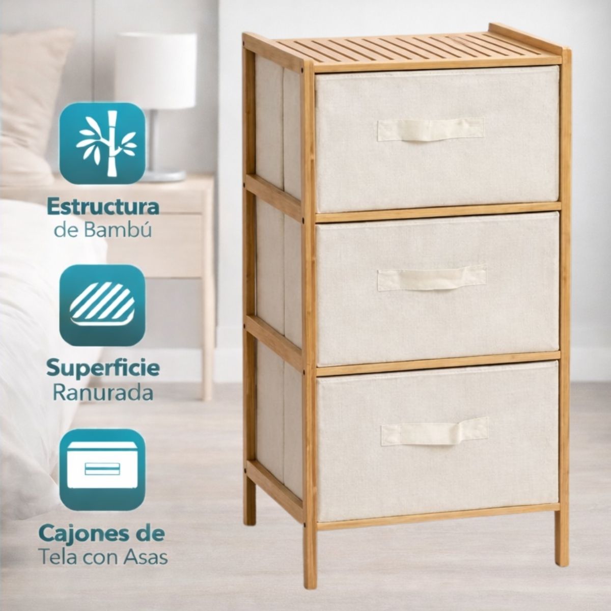 Mueble Multiuso De Bambú Estilo Nórdico con Cajones de Tela Oxford para Hogar y Oficina. Organizador de Almacenamiento Vertical con 3 Cajones. Gavetero (37x78.5x35 cm)