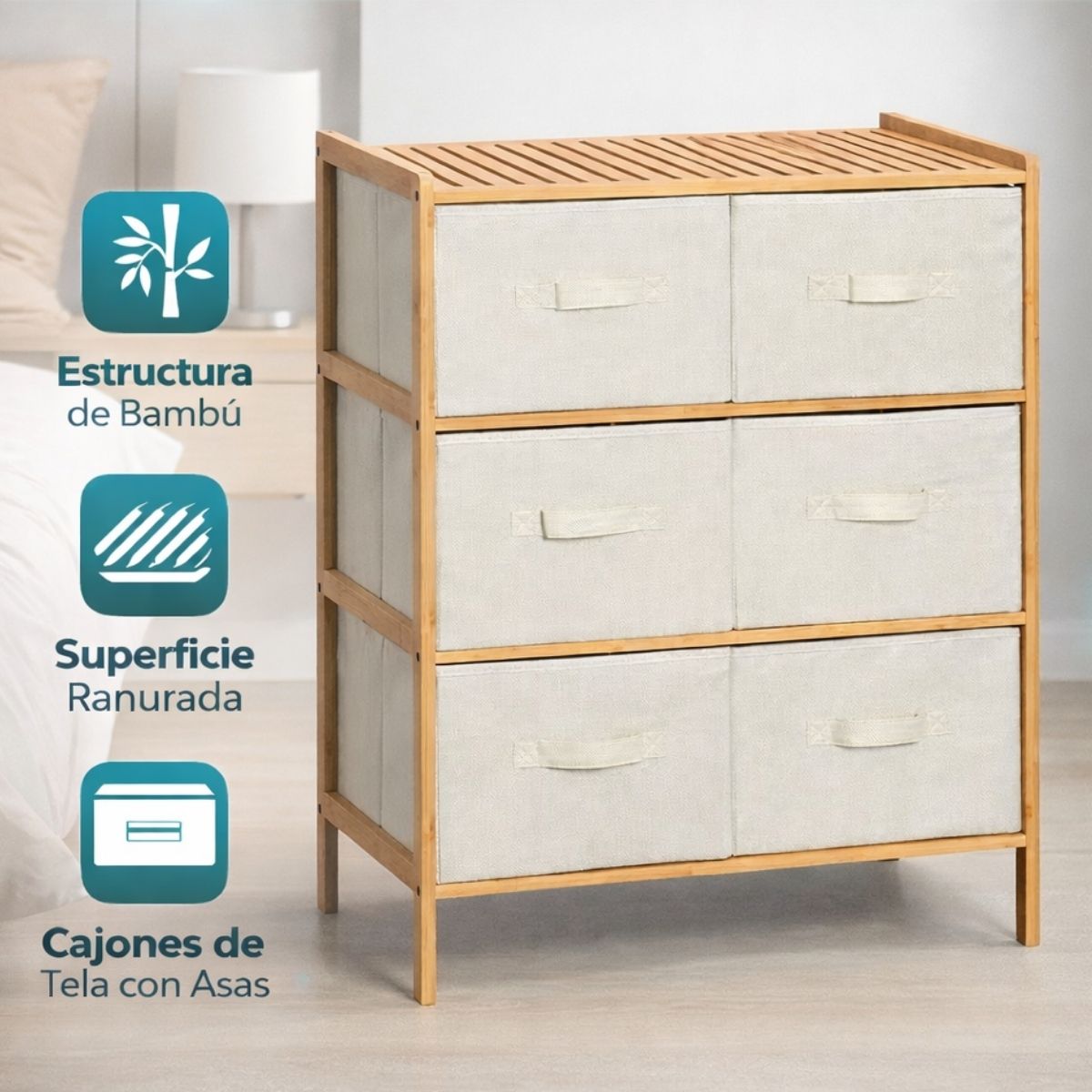 Mueble Multiuso De Bambú Estilo Nórdico con Cajones de Tela Oxford para Hogar y Oficina. Organizador de Almacenamiento Vertical con 6 Cajones. Gavetero (66x78.5x35 cm)