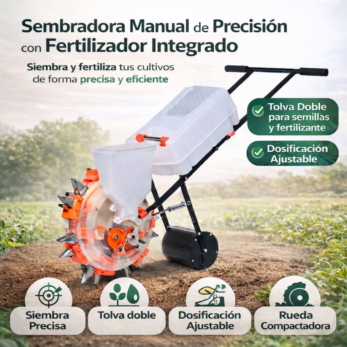 Sembradora abonadora Manual de Granos De 7 Salidas con Fertilizador Integrado, Dosificador Ajustable para Hortalizas, Maíz y Semillas Pequeñas
