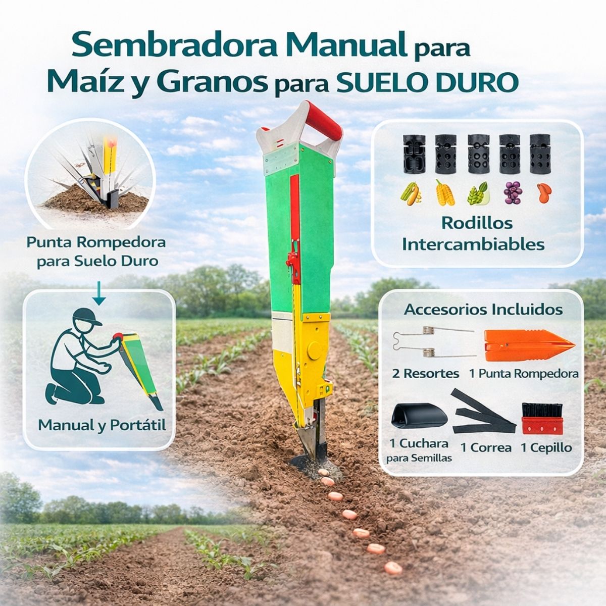 Sembradora Manual de Maíz y Granos para Suelo Duro. Plantadora Portátil de Una Boca con Punta Rompedora. Incluye Rodillos Intercambiables para Maíz, Maní y Soya