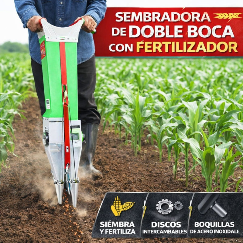 Sembradora abonadora Manual Doble Punta con Fertilización Para Maíz, Maní, Soya y Legumbres. Dosificador Ajustable con Accesorios Incluidos