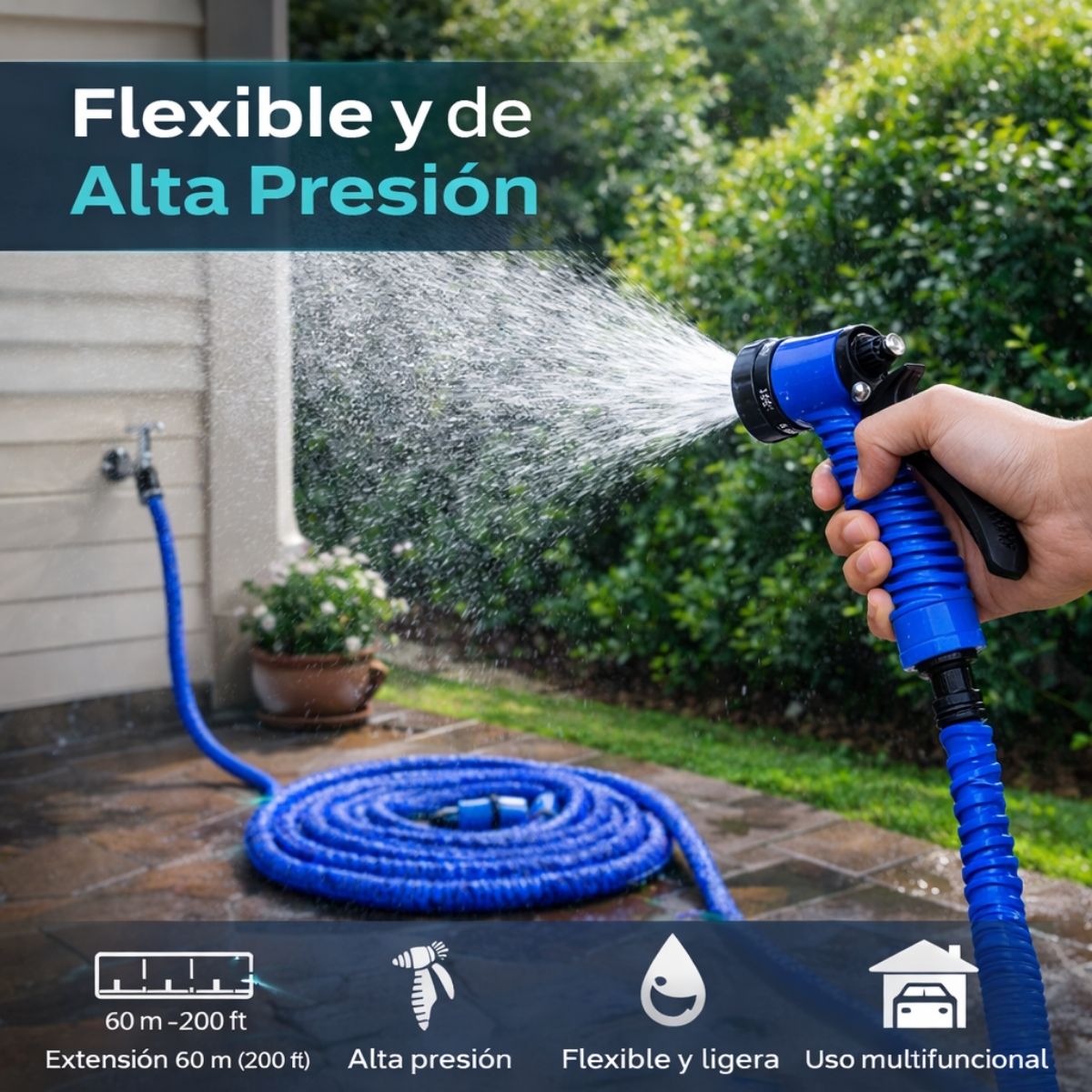 Manguera Expandible de Jardín 60 m (200 ft) Color Azul con Pistola de Alta Presión Riego y Lavado Multifuncional A Prueba De Explosiones.