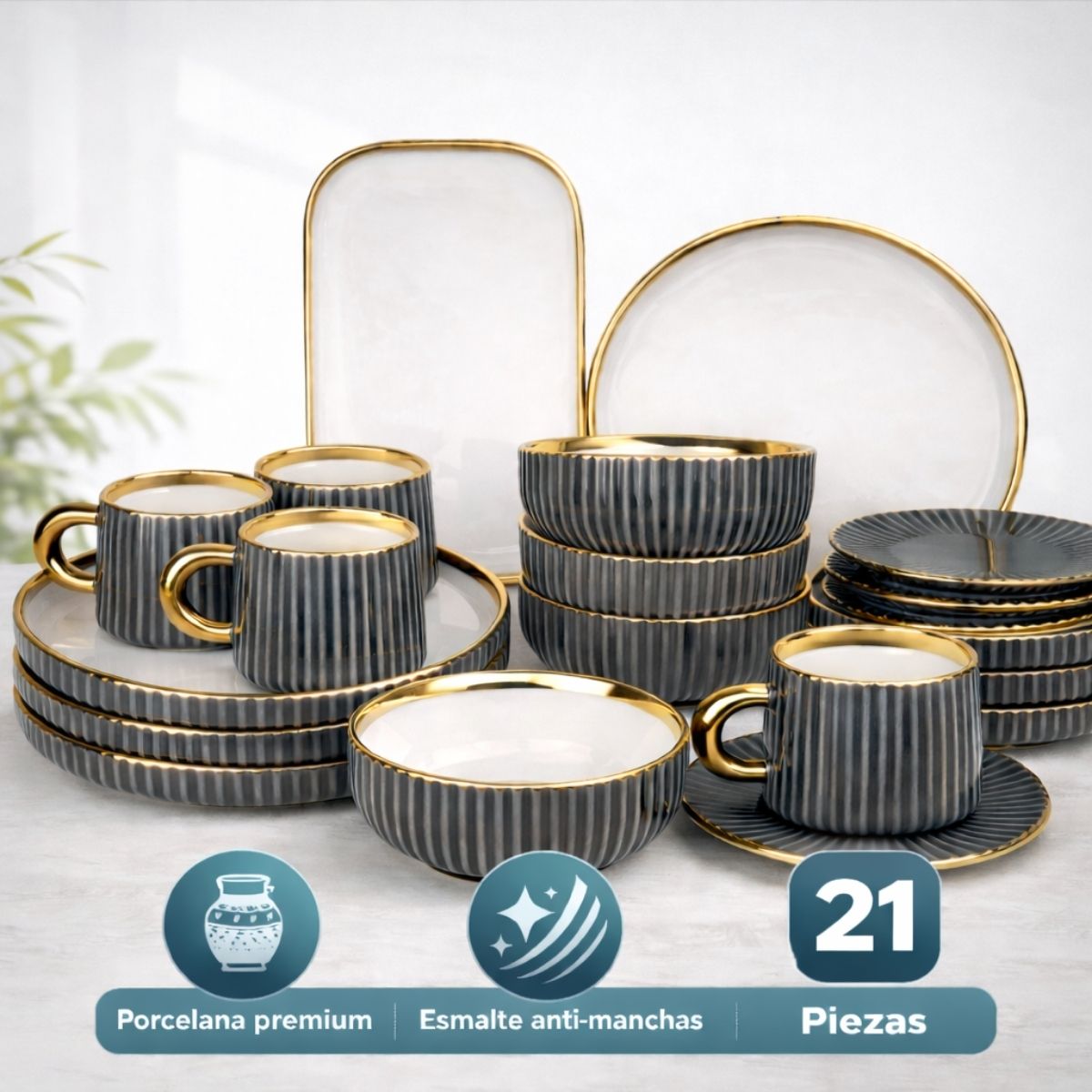Juego de Vajilla de Porcelana 21 Piezas Gris con Borde Dorado Estilo Europeo, Esmalte Liso, Apta para Café, Té y Restaurante