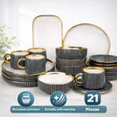 Juego de Vajilla de Porcelana 21 Piezas Gris con Borde Dorado Estilo Europeo, Esmalte Liso, Apta para Café, Té y Restaurante