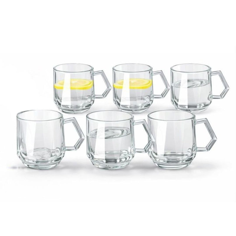 Vasos de vidrio con Asa Diseño Diamante. Set de 6 unidades con Capacidad de 300ml.