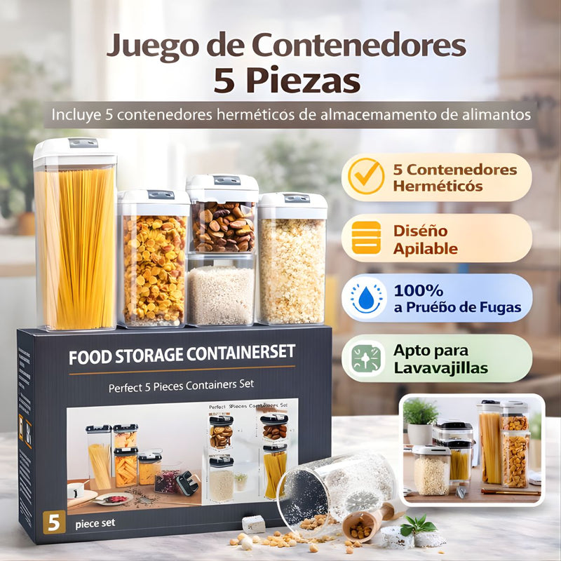 Recipientes Herméticos para cocina. Contenedores De Almacenamiento Para Alimentos. Set de 5 Piezas con Diferentes Capacidades.