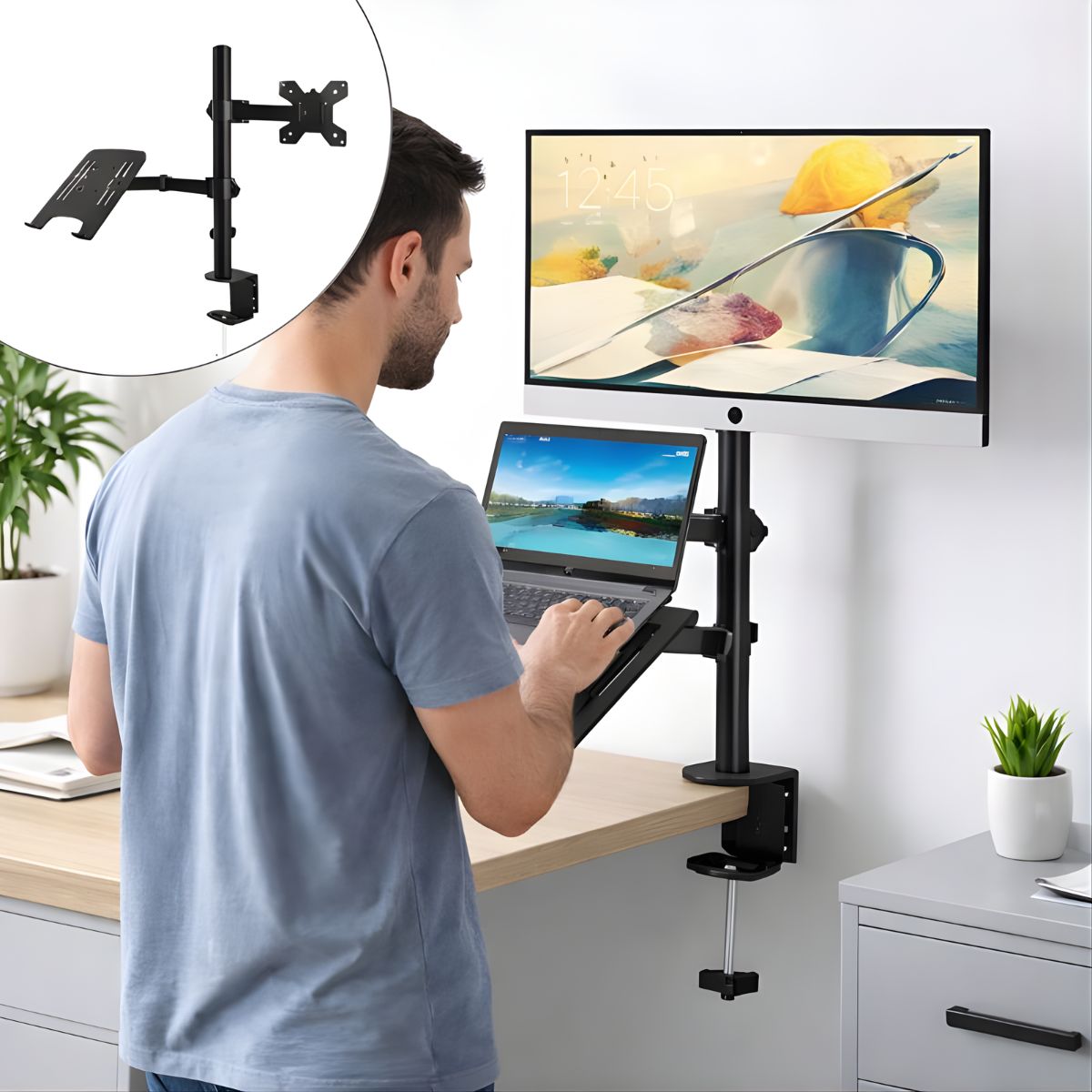 Soporte Profesional Doble Brazo para pantallas Monitor y Laptop. Base Ajustable (hasta 80 cm), Giratoria y Ergonómico. Color Negro.