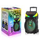 Bocina Bluetooth Portátil de 15” con Luz LED RGB. Altavoz Inalámbrico con Micrófonos, Batería Recargable 3000mAh y Control Remoto. Color negro.