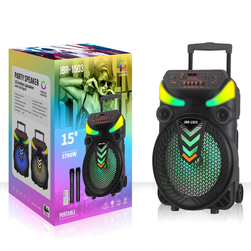 Bocina Bluetooth Portátil de 15” con Luz LED RGB. Altavoz Inalámbrico con Micrófonos, Batería Recargable 3000mAh y Control Remoto. Color negro.