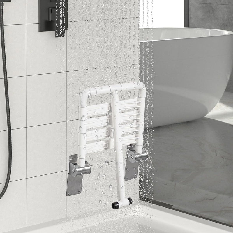 Asiento Abatible para Ducha de Pared con Soporte Reforzado. Silla de Baño Plegable Asiento Plegable de Baño para Adultos Mayores y Discapacitados de Acero Inoxidable 304 (3mm) y  ABS. Color Blanco