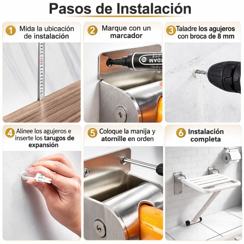 Asiento Abatible para Ducha de Pared con Soporte Reforzado. Silla de Baño Plegable Asiento Plegable de Baño para Adultos Mayores y Discapacitados de Acero Inoxidable 304 (3mm) y  ABS. Color Blanco