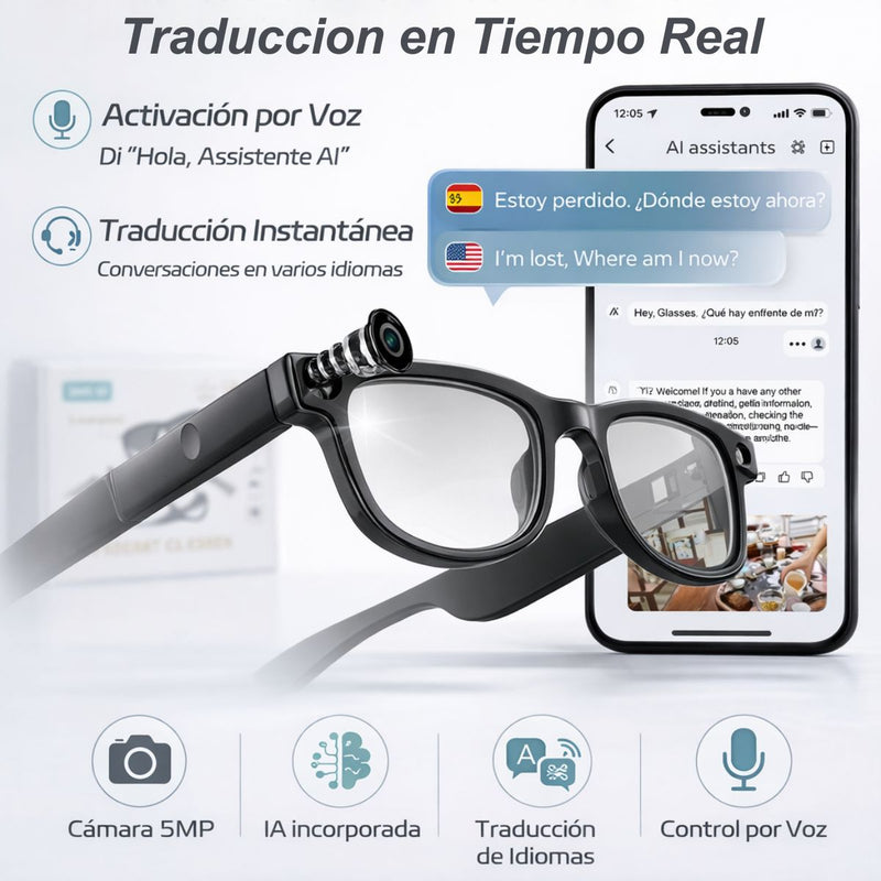 Gafas Inteligentes con Cámara 5MP y Video 1080P. Lentes Smart con ChatGPT Integrado, Traducción en Tiempo Real, Wifi y Asistente de Voz. AIMB-G1