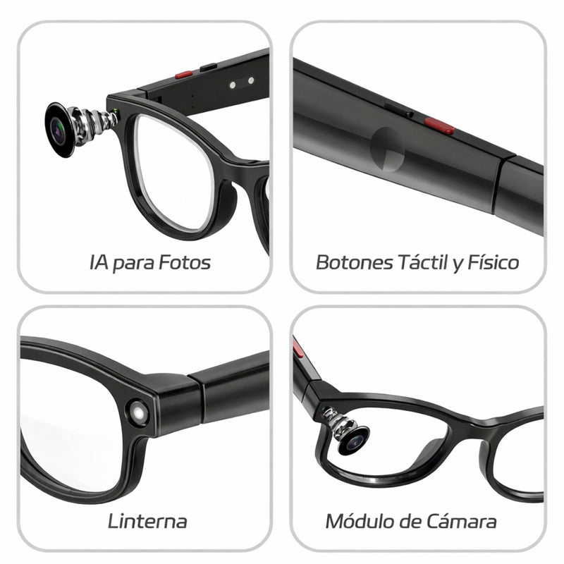 Gafas Inteligentes con Cámara 5MP y Video 1080P. Lentes Smart con ChatGPT Integrado, Traducción en Tiempo Real, Wifi y Asistente de Voz. AIMB-G1