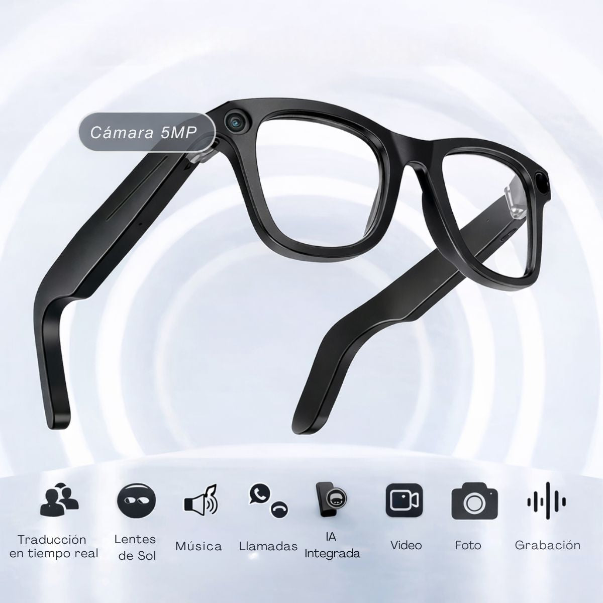 Gafas Inteligentes con Cámara 5MP y Video 1080P. Lentes Smart con ChatGPT Integrado, Traducción en Tiempo Real, Wifi y Asistente de Voz. AIMB-G1