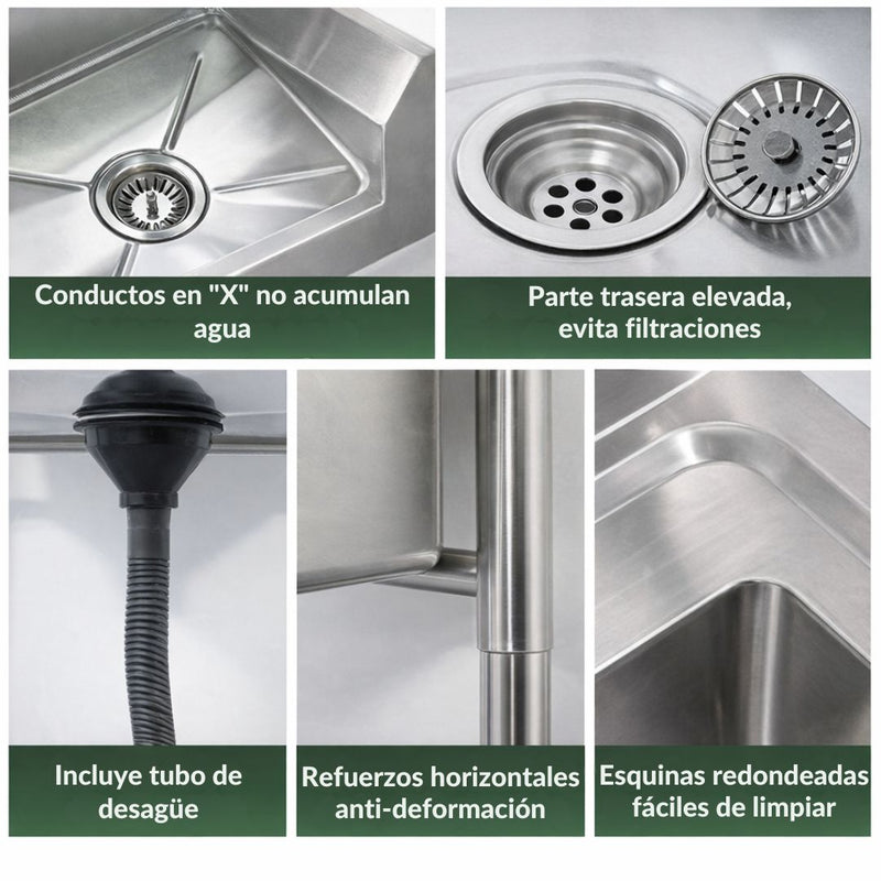 Fregador Industrial con 3 Tinas de Acero Inoxidable (180x70x80cm) Espesor 0.9Mm. Lavaplatos triple con Respaldo Y Patas Reforzadas.