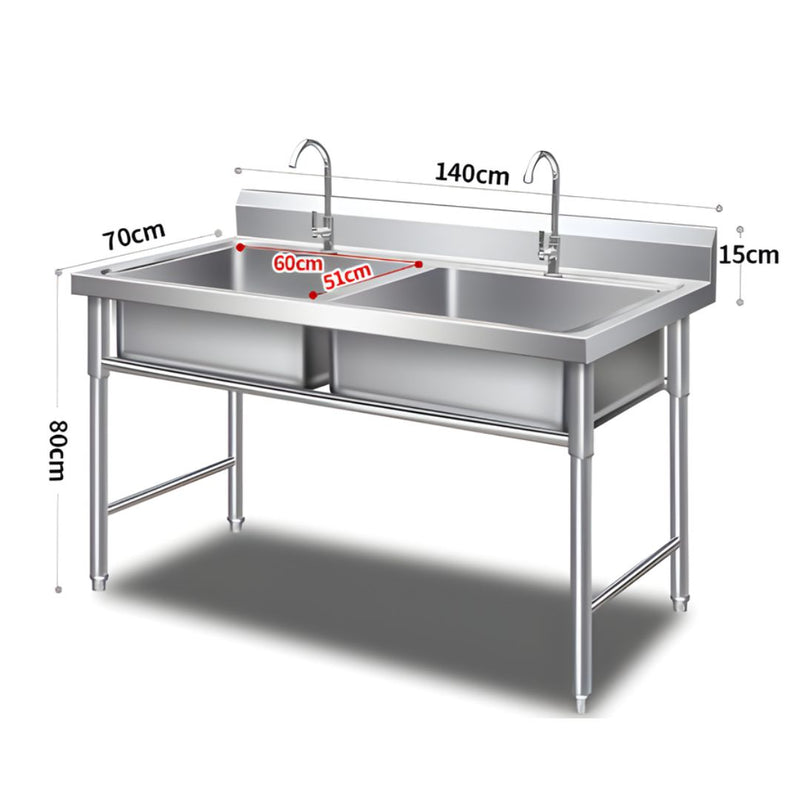 Fregador Industrial con 2 Tinas de Acero Inoxidable (140x70x80cm) Espesor 0.9Mm. Lavaplatos Doble con Respaldo Y Patas Reforzadas.