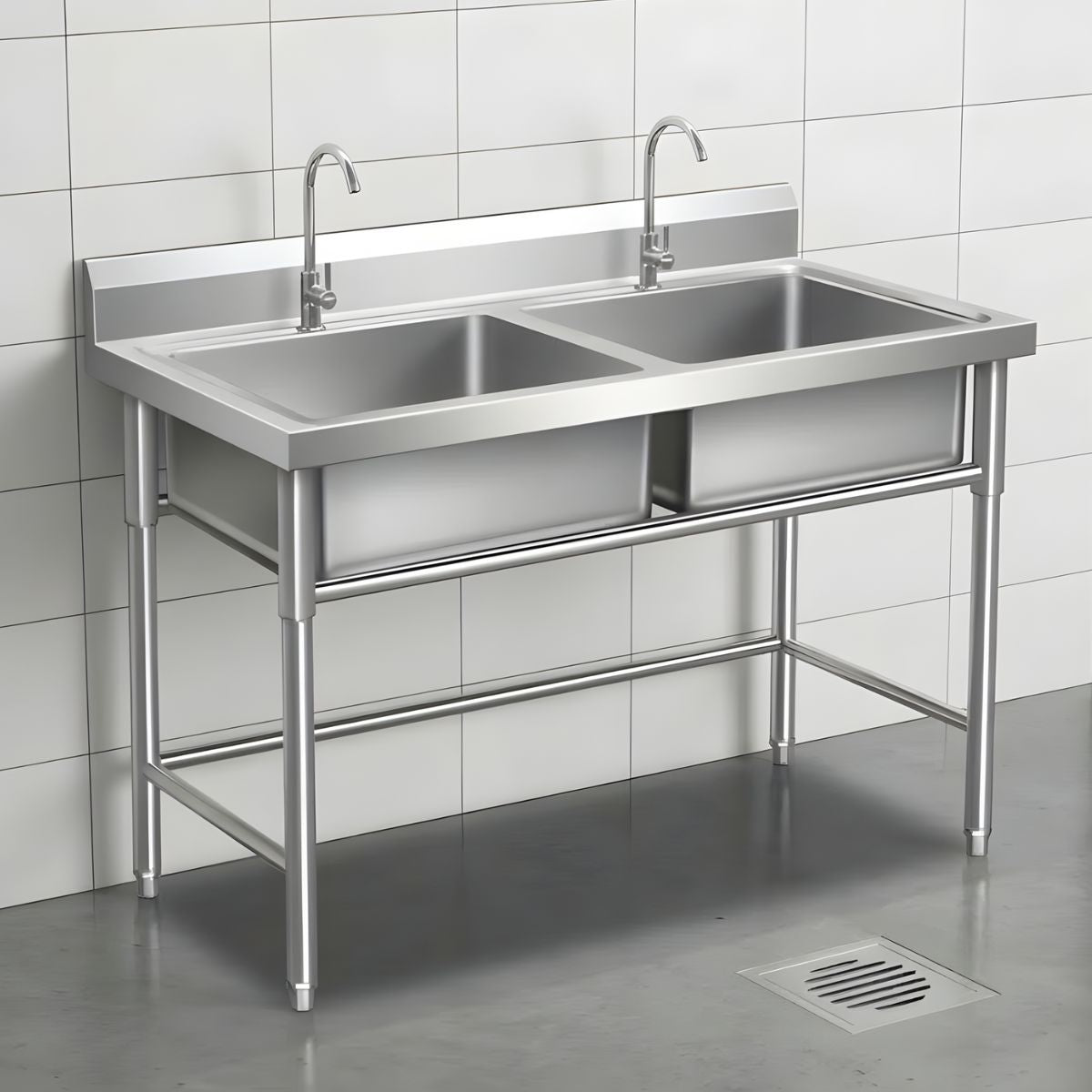 Fregador Industrial con 2 Tinas de Acero Inoxidable (140x70x80cm) Espesor 0.9Mm. Lavaplatos Doble con Respaldo Y Patas Reforzadas.