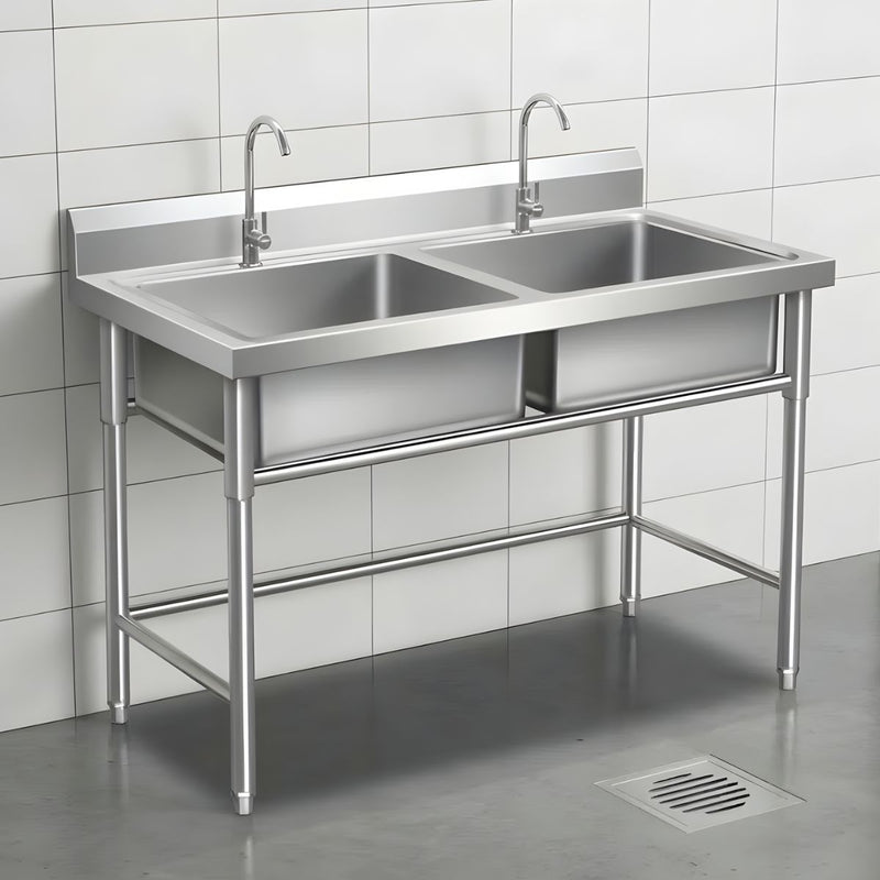 Fregador Industrial con 2 Tinas de Acero Inoxidable (140x70x80cm) Espesor 0.9Mm. Lavaplatos Doble con Respaldo Y Patas Reforzadas.