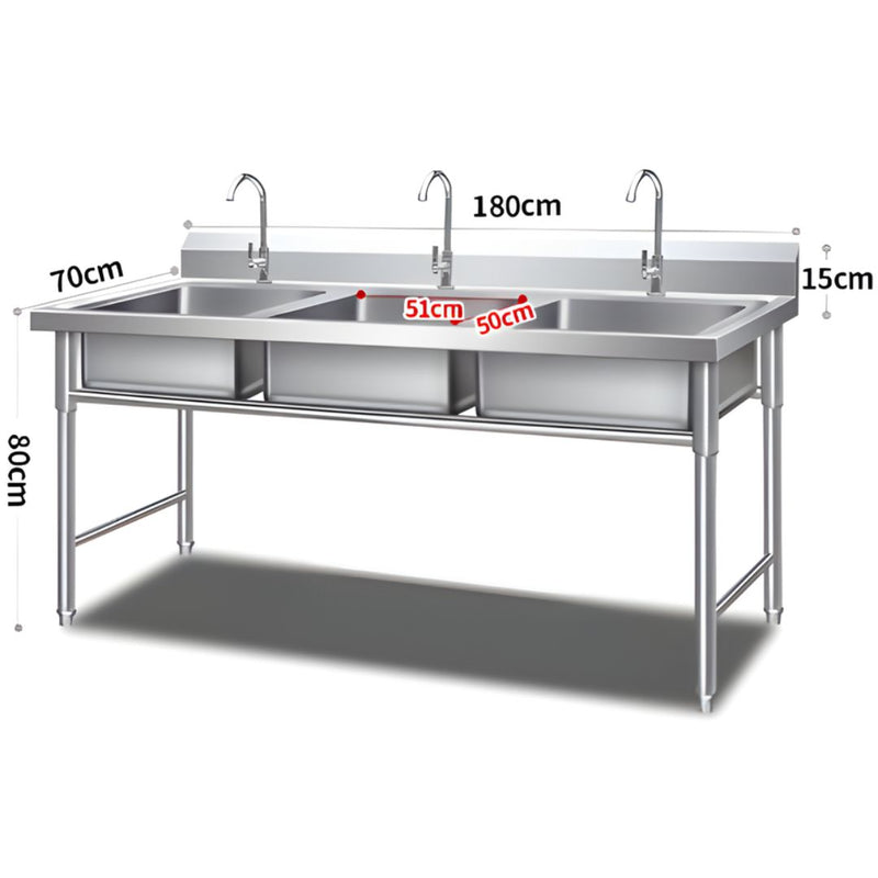 Fregador Industrial con 3 Tinas de Acero Inoxidable (180x70x80cm) Espesor 0.9Mm. Lavaplatos triple con Respaldo Y Patas Reforzadas.