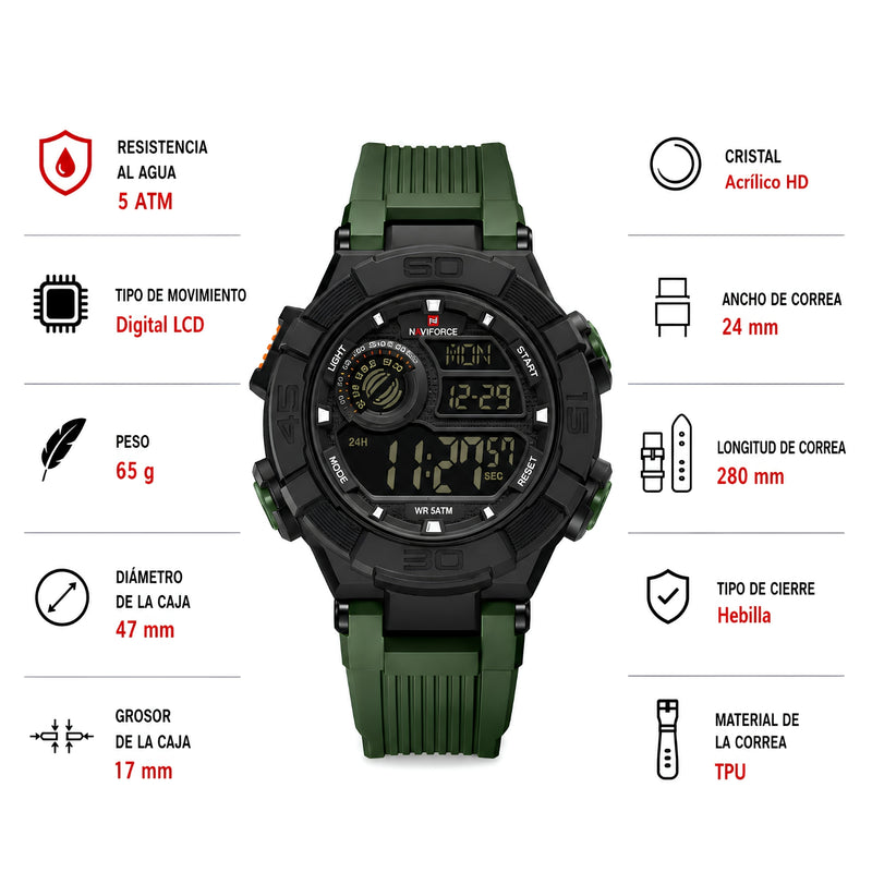 Naviforce Reloj Digital Verde, Correa de Silicona, Diámetro de 47 mm y Resistencia al Agua 5 ATM.