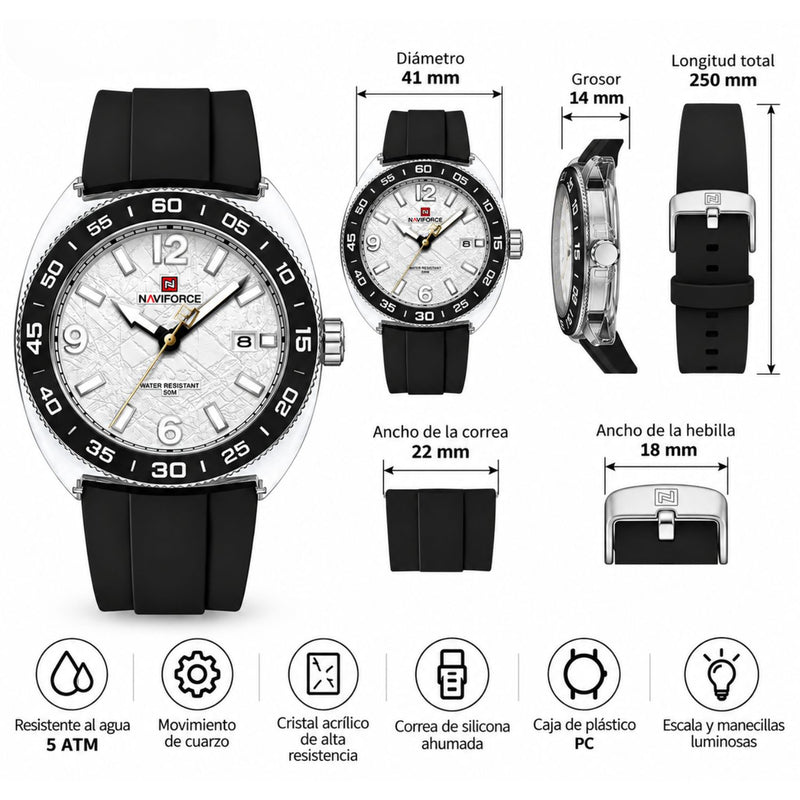Naviforce Reloj Analógico Blanco con Detalles Negros, Diámetro de 41 mm, Cristal Acrílico HD y Resistencia al Agua 5 ATM.