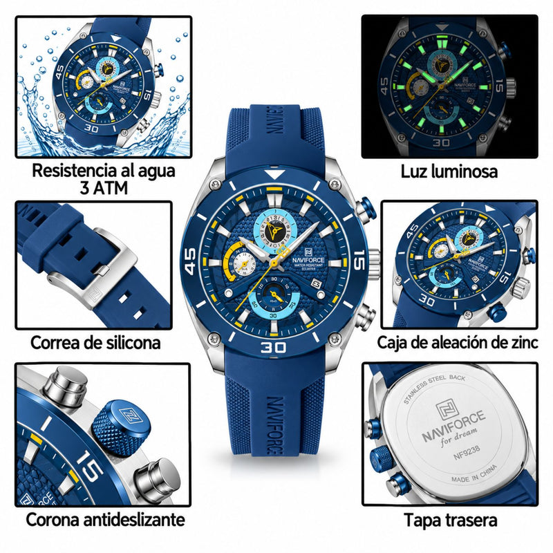 Naviforce Reloj Cronógrafo Plateado y Azul con Correa de Silicona, Diámetro de 46 mm, Cristal Mineral Endurecido y Resistencia al Agua 3 ATM.