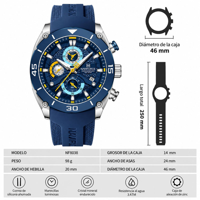 Naviforce Reloj Cronógrafo Plateado y Azul con Correa de Silicona, Diámetro de 46 mm, Cristal Mineral Endurecido y Resistencia al Agua 3 ATM.