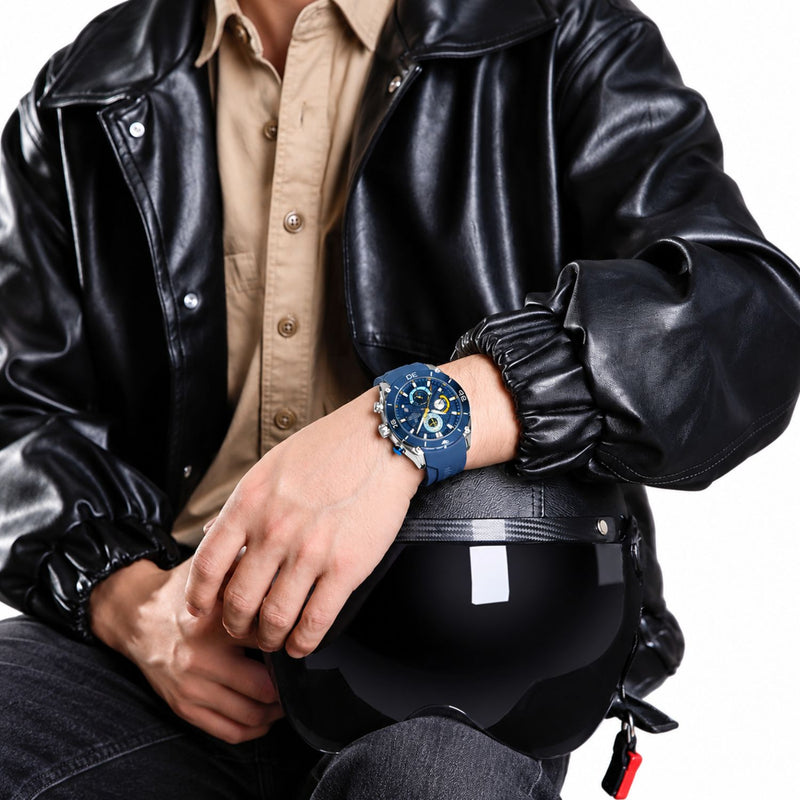 Naviforce Reloj Cronógrafo Plateado y Azul con Correa de Silicona, Diámetro de 46 mm, Cristal Mineral Endurecido y Resistencia al Agua 3 ATM.