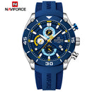 Naviforce Reloj Cronógrafo Plateado y Azul con Correa de Silicona, Diámetro de 46 mm, Cristal Mineral Endurecido y Resistencia al Agua 3 ATM.