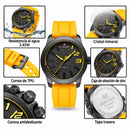 Naviforce Reloj Analógico Negro con Detalles y Correa Amarilla de TPU, Diámetro de 46 mm, Cristal Mineral Endurecido y Resistencia al Agua 3 ATM.