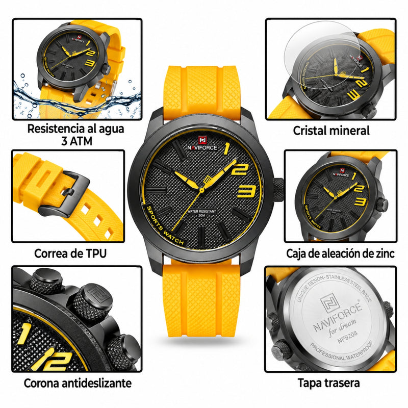 Naviforce Reloj Analógico Negro con Detalles y Correa Amarilla de TPU, Diámetro de 46 mm, Cristal Mineral Endurecido y Resistencia al Agua 3 ATM.
