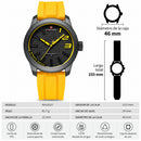 Naviforce Reloj Analógico Negro con Detalles y Correa Amarilla de TPU, Diámetro de 46 mm, Cristal Mineral Endurecido y Resistencia al Agua 3 ATM.