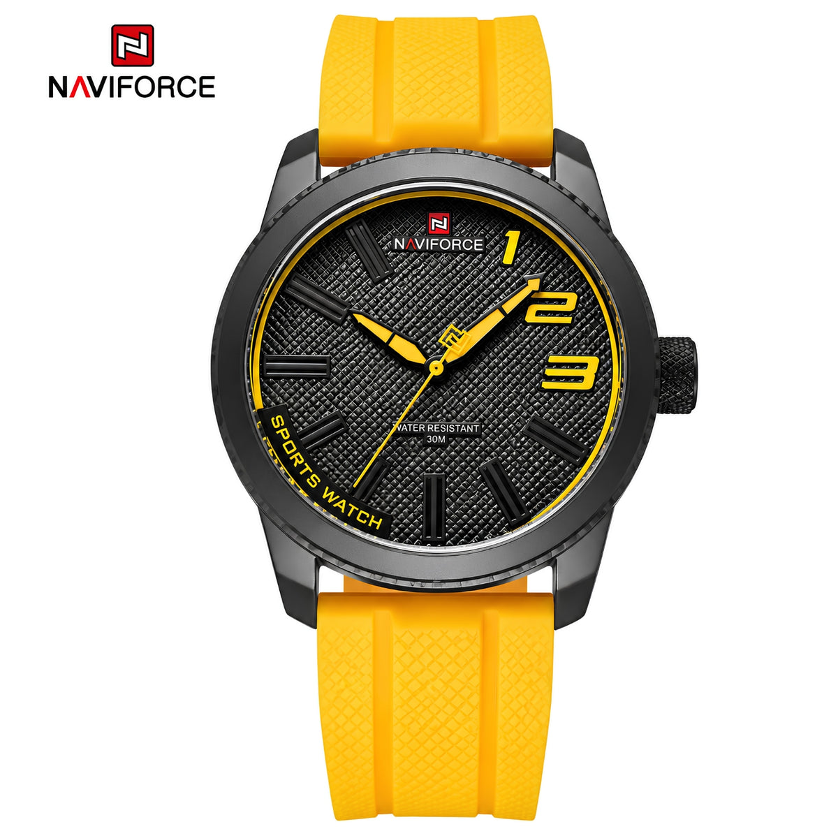Naviforce Reloj Analógico Negro con Detalles y Correa Amarilla de TPU, Diámetro de 46 mm, Cristal Mineral Endurecido y Resistencia al Agua 3 ATM.