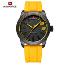 Naviforce Reloj Analógico Negro con Detalles y Correa Amarilla de TPU, Diámetro de 46 mm, Cristal Mineral Endurecido y Resistencia al Agua 3 ATM.