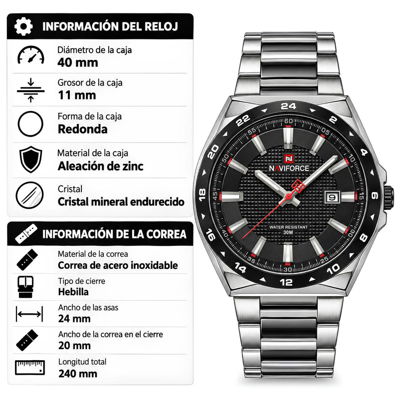 Naviforce Reloj Analógico Negro Plateado con Correa de Acero Inoxidable, Diámetro de 40 mm y Resistencia al Agua 3 ATM