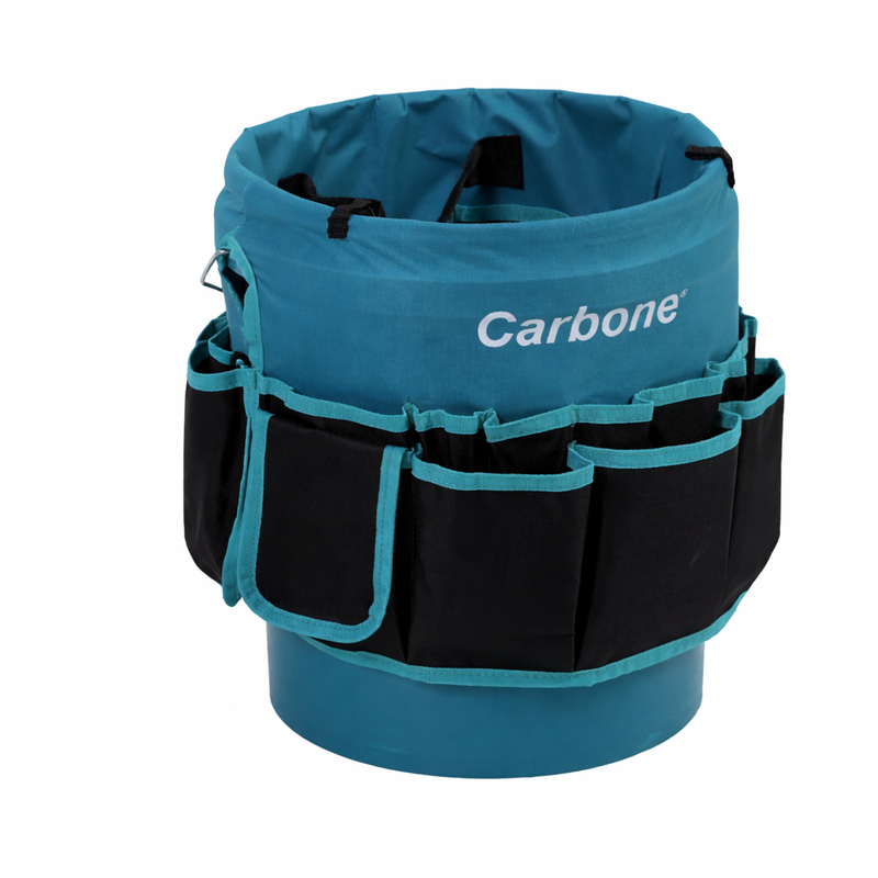 Bolso cubo caja Porta Herramientas de Tela. Cubeta Organizadora Carbone con Múltiples Bolsillos y Asa Metálica 30x32cm. ( no incluye cubeta) solo el textil para usar con cubeta