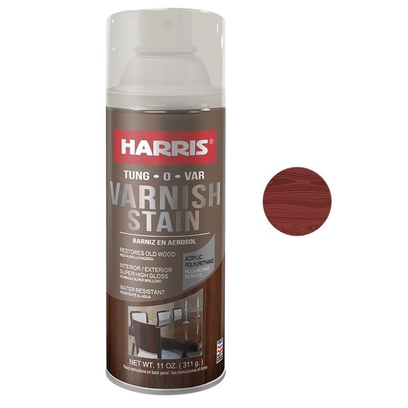 Barniz en aerosol de 11oz. Color mahogany / caoba. Harris