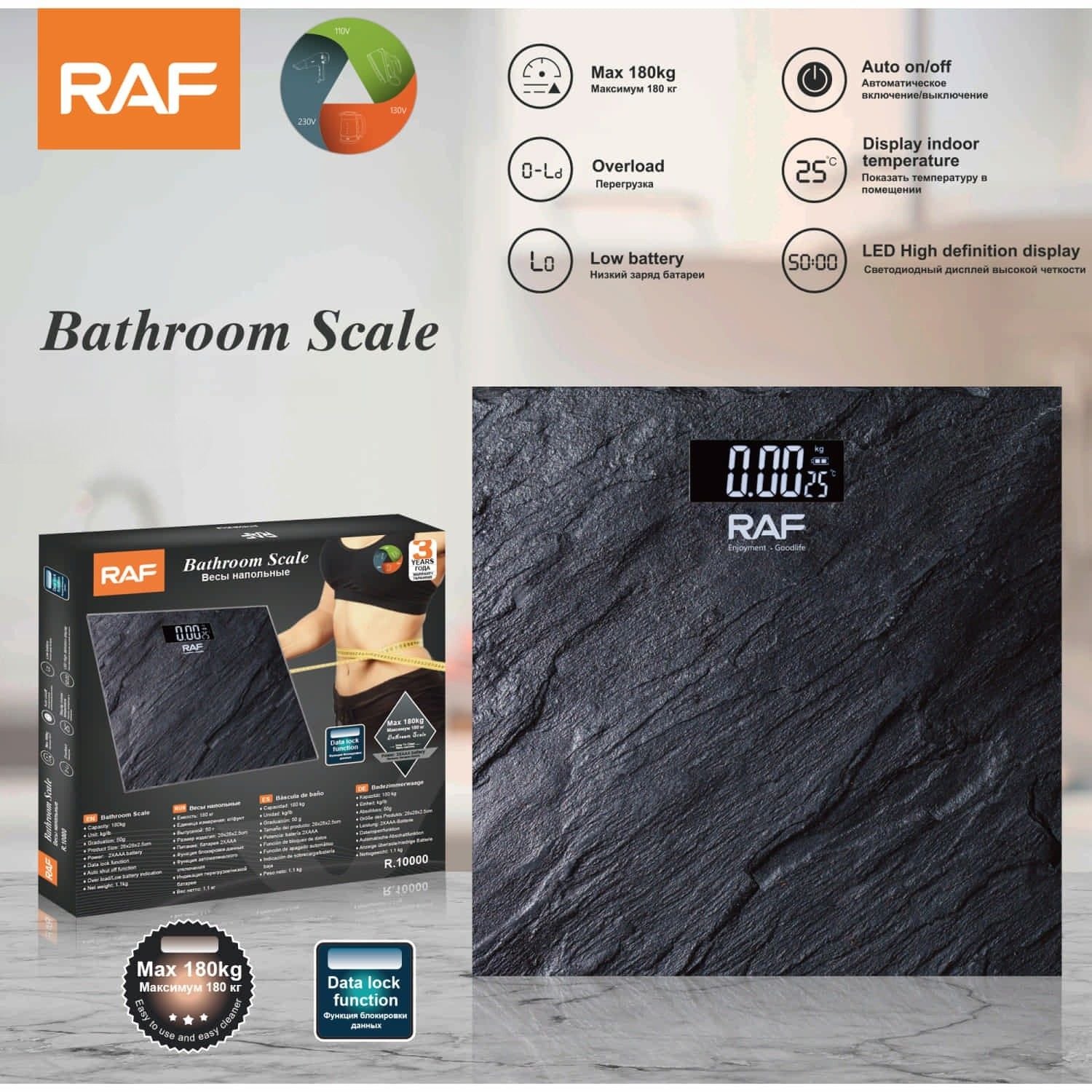 Báscula Digital de Baño 180kg con Pantalla LED, Temperatura y Encendido Automático. Balanza Pesa