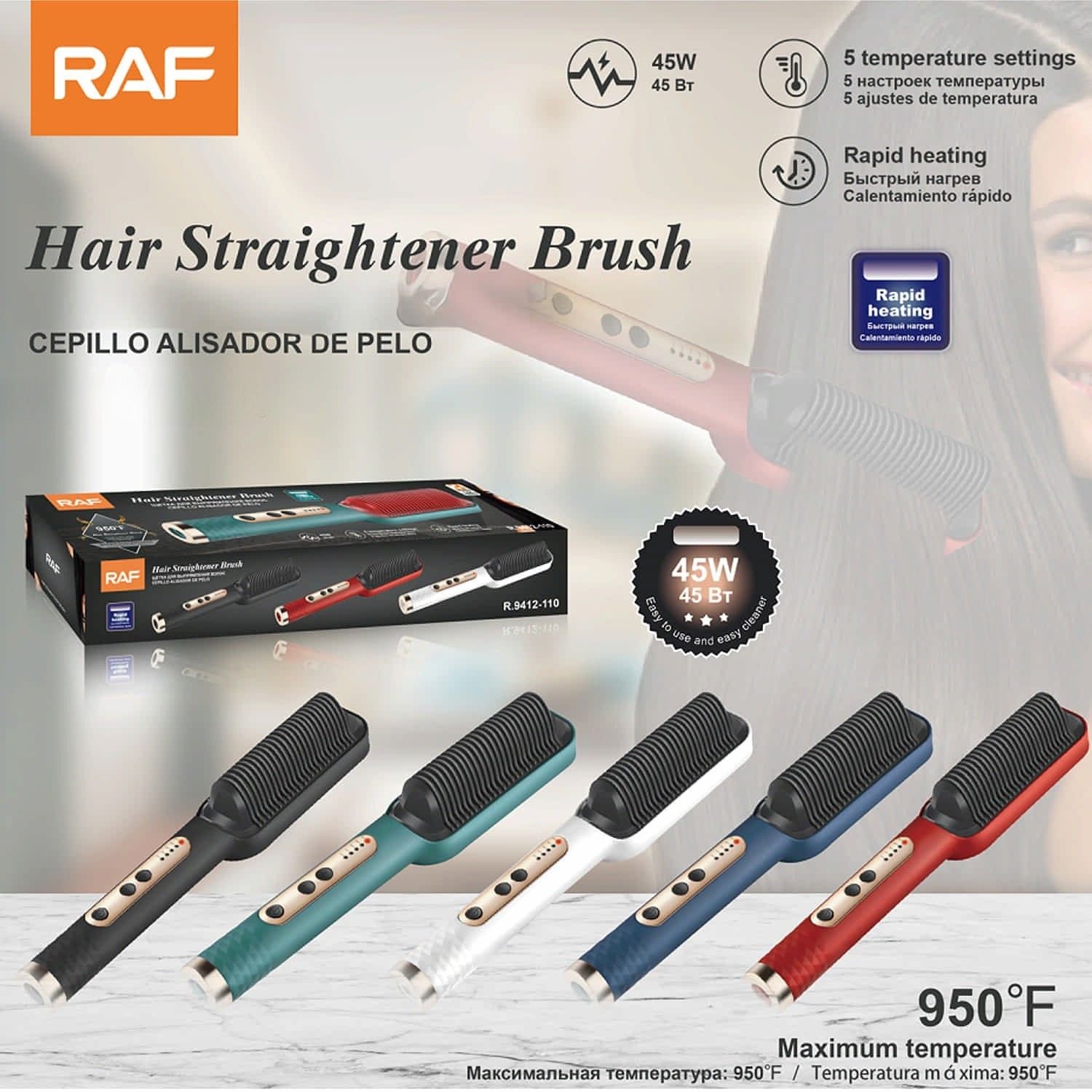 Cepillo Alisador 45W con 5 Niveles de Temperatura y Calentamiento Rápido 950°F  Ideal Cabello Grueso 110V