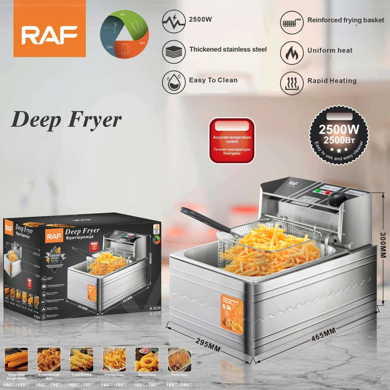 Freidora de Aceite 5.5L  2500W Inoxidable con Control de Temperatura. Rango 160°–180°C. Deep Fryer