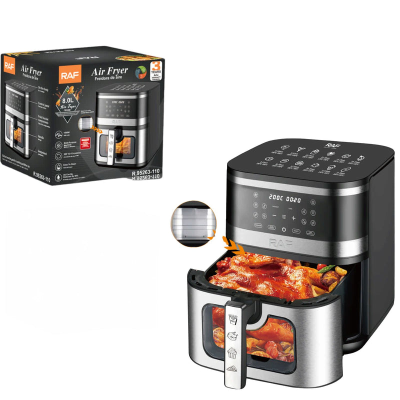 Freidora de Aire 8L 1500W 110V con Pantalla Digital Canasta Antiadherente 360° Interior Metálico. Air Frier